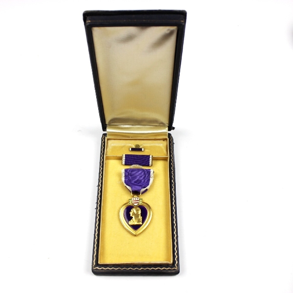 Purple Heart medal with coffin-style box, lapel pin and ribbon