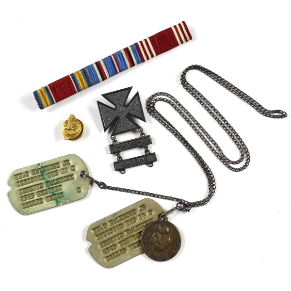 US Army dog tags, ribbons, marksman badge lot