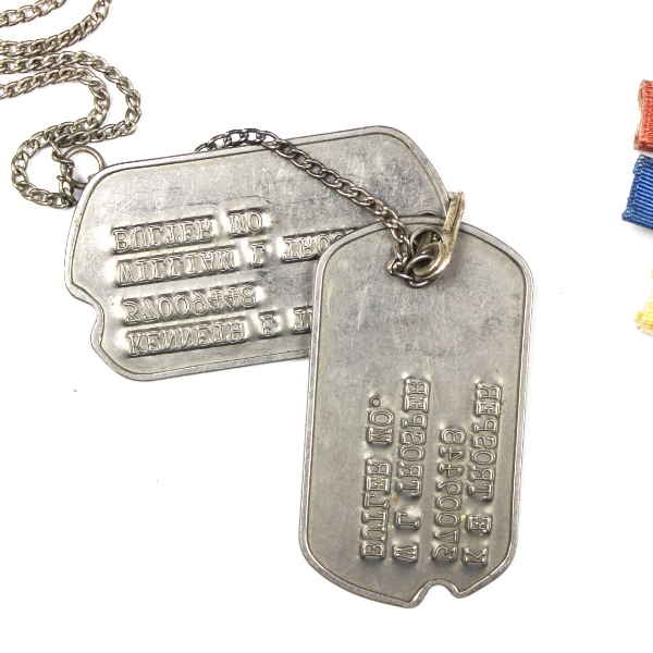 US Army dog tags, ribbons, religious bracelet lot