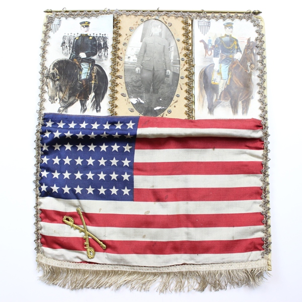 Banner flag w/ photograph, postcards and cavalry insignia